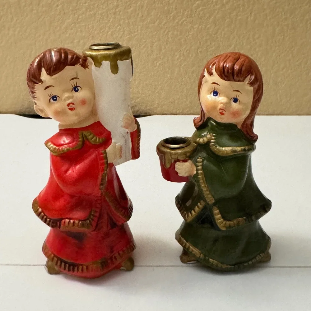 Vintage Star Japan Christmas Choir Boy Girl Candle Holders  Hand Painted 1950's